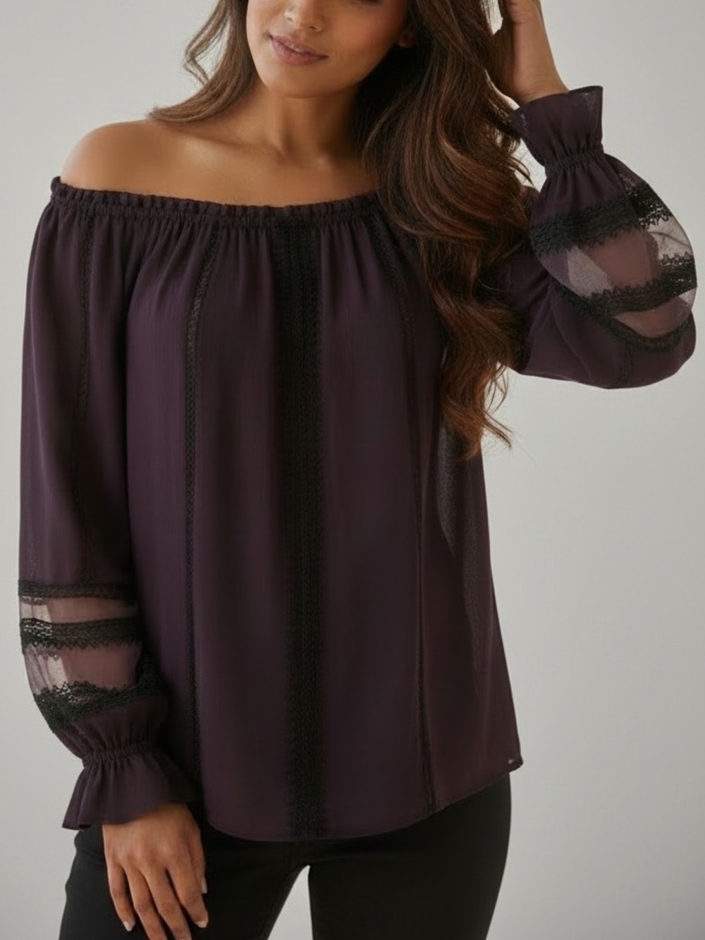 NWT RAMY BROOK Long Sleeve On Off Shoulder Lace & Ruffle Blouse Size X-Small